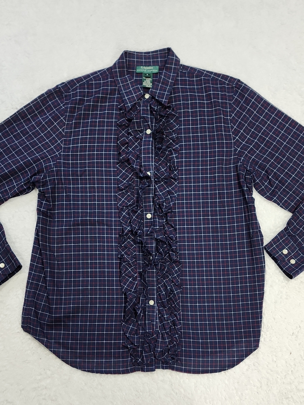 Lauren Ralph Lauren Navy Blue Plaid With Ruffled Front Placket And Collar